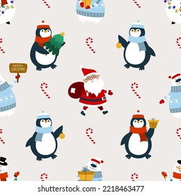 Christmas penguin, polar bear, snowman, Santa with a cane, balls, garlands, gift and Christmas tree. Can be used for wallpaper, packaging, and textile.