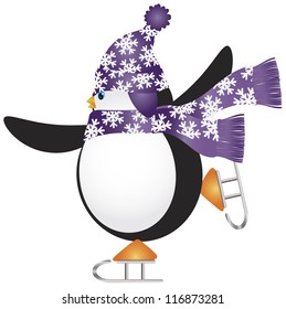 Christmas Penguin with Purple Hat and Scarf Ice Skating Vector Illustration