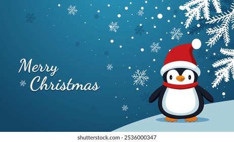 Christmas penguin in a red cap and scarf on a holiday background with beautiful snowflakes, snow and Christmas tree. Christmas vector illustration for banner, design, card, invitation, poster.