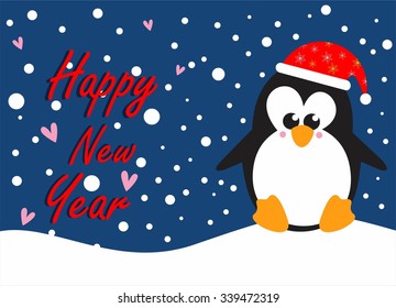 Christmas penguin in a red hat .Christmas background in blue tones