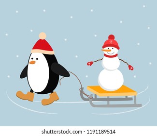 Christmas penguin in a red hat carries a snowman on a sleigh. It can be used as a design element in the Christmas composition. Vector illustration.