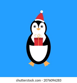 Christmas penguin in red hat and gift. Vector illustration