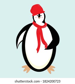 Christmas penguin in red hat and scarf - vector illustration isolated on white background. The symbol of a happy mood.