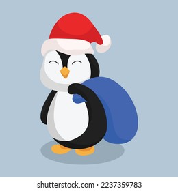 Christmas Penguin with Santa Hat Character Design Illustration