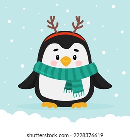 Christmas penguin with scarf and deer antlers on the background of snow