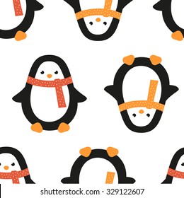 Christmas penguin in scarf in point. Seamless vector pattern.