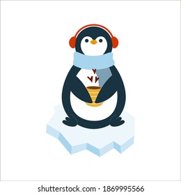 Christmas penguin is sitting on ice and drinking tea. Flat vector illustration in cartoon style.