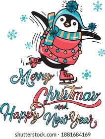 CHRISTMAS PENGUIN SKATING WITH SNOWFLAKES AND MERRY CHRISTMAS AND HAPPY NEW YEAR TEXT. VECTOR ILLUSTRATION. 