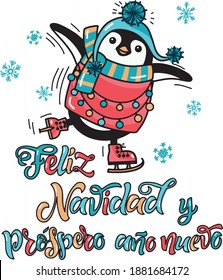 CHRISTMAS PENGUIN SKATING WITH SNOWFLAKES AND MERRY CHRISTMAS AND HAPPY NEW YEAR TEXT. VECTOR ILLUSTRATION. 