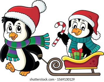 Christmas penguin with sledge image 2 - eps10 vector illustration.