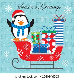 Christmas penguin and sleigh for greeting card and gift bag or box