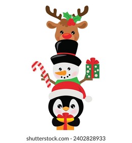 Christmas penguin, snowman and reindeer vector cartoon illustration
