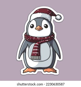 Christmas penguin sticker, xmas penguin in hat stickers isolated decoration. Winter collection