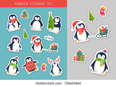 Christmas penguin stickers set, patches and labels collection