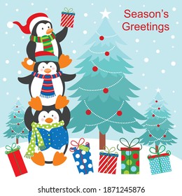Christmas penguin and tree for greeting card, christmas gift box or bag design