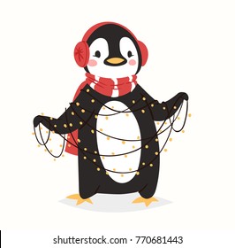 Christmas penguin vector character cartoon cute bird celebrate Xmas playfull happy penguin face smile illustration