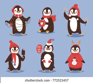 Christmas penguin vector character cartoon cute bird celebrate Xmas playfull happy penguin face smile illustration in santa Red Hat