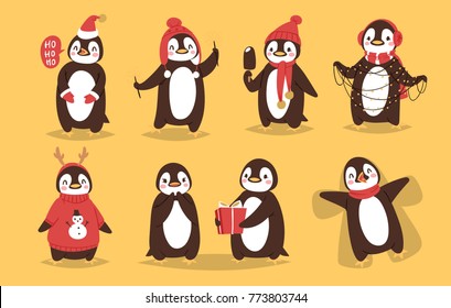 Christmas penguin vector character cartoon cute bird celebrate Xmas playfull happy penguin face smile illustration in santa Red Hat