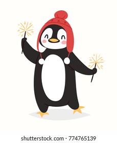 Christmas penguin vector character cartoon cute bird celebrate Xmas playfull happy penguin face smile illustration