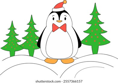 A Christmas penguin vector features a cheerful penguin in a festive style, perfect for holiday designs, cards, and seasonal decorations.