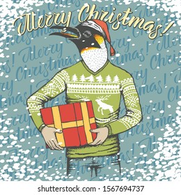 Christmas penguin vector illustration. Penguin head on human body and lettering merry Christmas