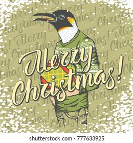 Christmas penguin vector illustration. Penguin head on human body and lettering merry Christmas