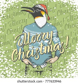 Ilustración vectorial del pingüino de Navidad. Cabeza de pingüino en cuerpo humano y feliz Navidad con letras