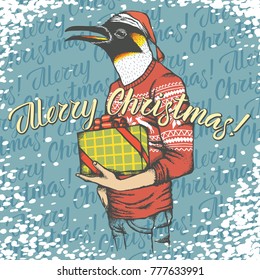 Christmas penguin vector illustration. Penguin head on human body and lettering merry Christmas