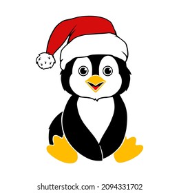 Christmas penguin wearing a santa claus hat. Vector clipart