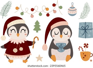 Christmas penguins clipart in cartoon flat style. Merry Christmas clipart. Cute winter penguins clip art. Vector illustration