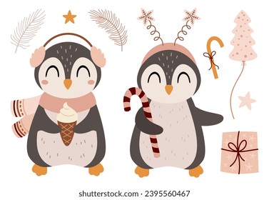 Christmas penguins clipart in cartoon flat style. Merry Christmas clipart. Cute winter penguins clip art. Vector illustration