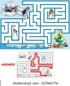 Christmas at penguins. Help penguins to find a path to Christmas tree. Labyrinth for kids. Variant with square labyrinth (landscape).
