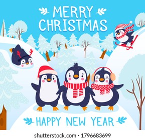 Christmas with penguins. Holidays greetings with cute happy penguins in winter forest, lettering merry christmas vector background. Animals in warm clothing hat, scarf and earmuffs. Skiing activity