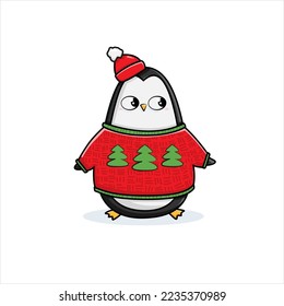 Christmas penguins, Merry Christmas illustrations of cute penguins with accessories like a knitted hats, sweaters, scarfs