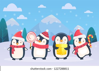 Christmas penguins on snowy background. Cute penguins cartoon vector illustration.