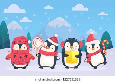 Christmas penguins on snowy background. Penguins cartoon vector illustration.