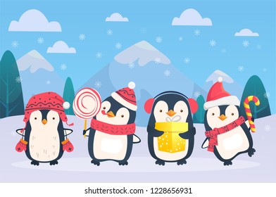 Christmas penguins on snowy background. Penguins cartoon vector illustration.