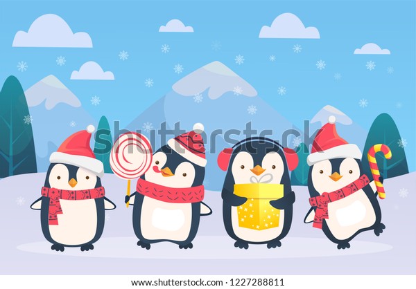 雪の背景にクリスマスペンギン かわいいペンギンのベクターイラスト のベクター画像素材 ロイヤリティフリー