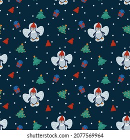 Christmas Penguins pattern. Cartoon animals make a Christmas angel in the snow. Winter doodle background of a bird in a textile hat. Vector illustration