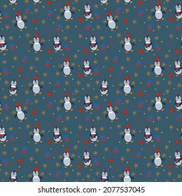Christmas Penguins pattern. Cute doodle birds in a hat for background. A substrate with winter animals for textiles. Vector illustration