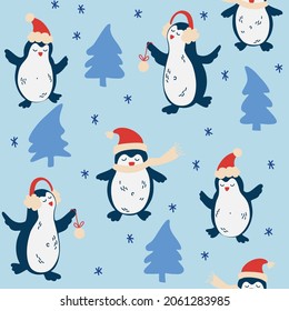 Christmas Penguins seamless pattern. cute funny penguins, different clothing, various poses. New Year's pattern for design on a Christmas theme. Vector winter holidays print for textile, wallpaper. 