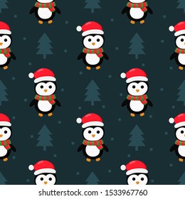 christmas penguins seamless pattern on blue background. vector Illustration.
