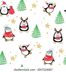 Los pingüinos de Navidad son un patrón sin fisuras. Ilustración de vectores para vacaciones de invierno