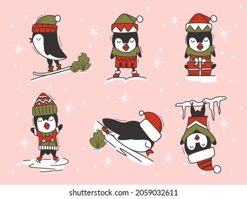 Christmas penguins in sweaters and Santa hats on a pink background for a greeting card sticker poster. Set of cute birds. Vector illustration.