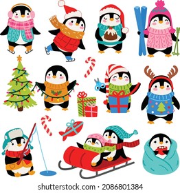 Christmas Penguins Vector Graphics set