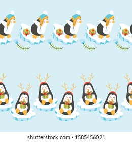 Christmas Penguins Vector Seamless Horizontal Borders Set