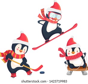 Christmas penguins in winter. Winter sports. Childrens sports concept. Vector illustration.