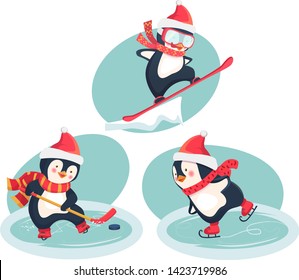 Christmas penguins in winter. Winter sports. Childrens sports concept. Vector illustration.