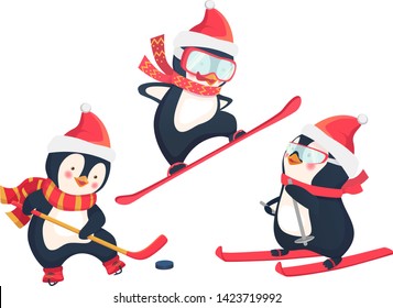 Christmas penguins in winter. Winter sports. Childrens sports concept. Vector illustration.