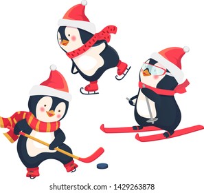 Christmas penguins in winter. Winter sports. Childrens sports concept. Vector illustration.